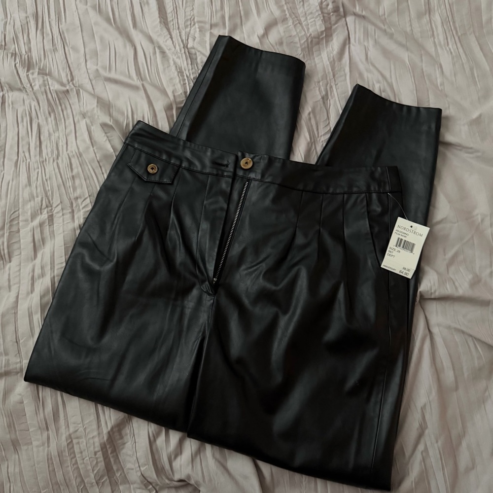 Blank NYC || faux leather pleated trousers in film noir